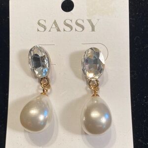 SASSY Gold-Tone White Pearl Drop Earrings with Crystal Studs